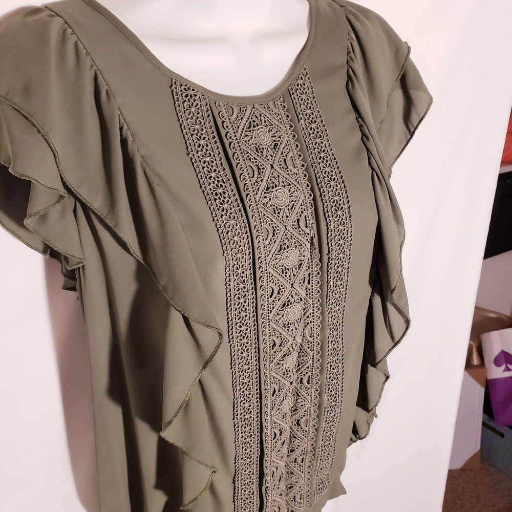 Olive Green Ruffle Blouse - Picture 2 of 7